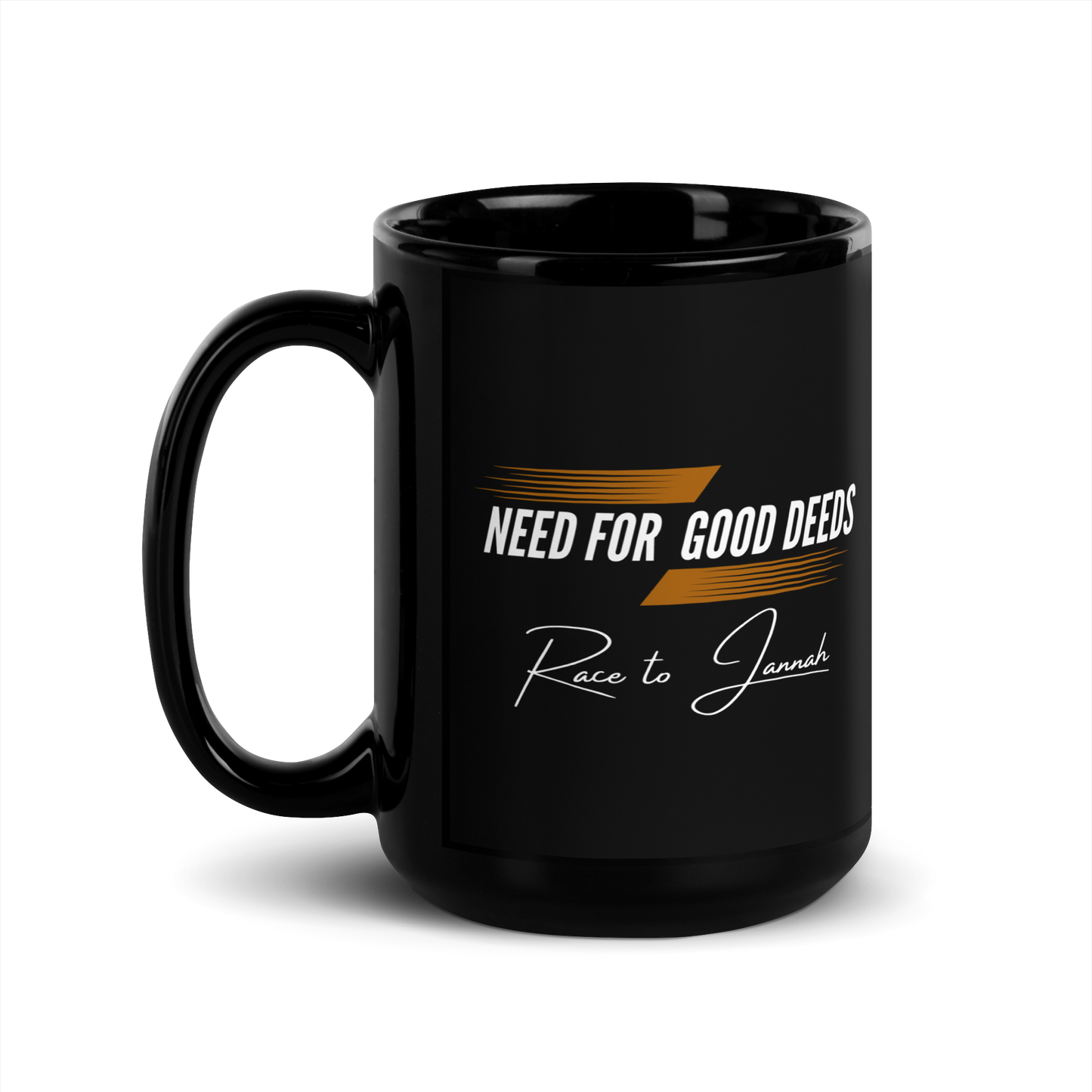 MUG Glossy Black - NEED FOR GOOD DEEDS - White/Orange