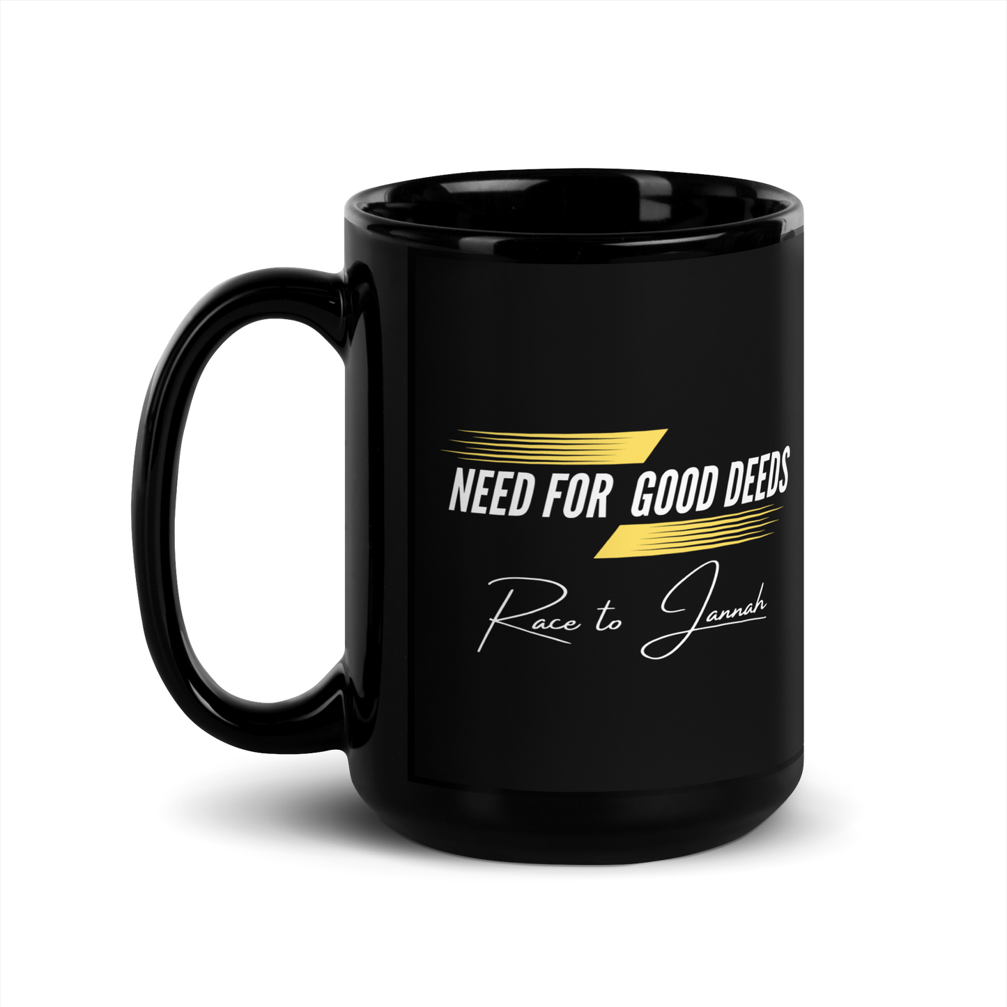 MUG Glossy Black - NEED FOR GOOD DEEDS - White/Yellow