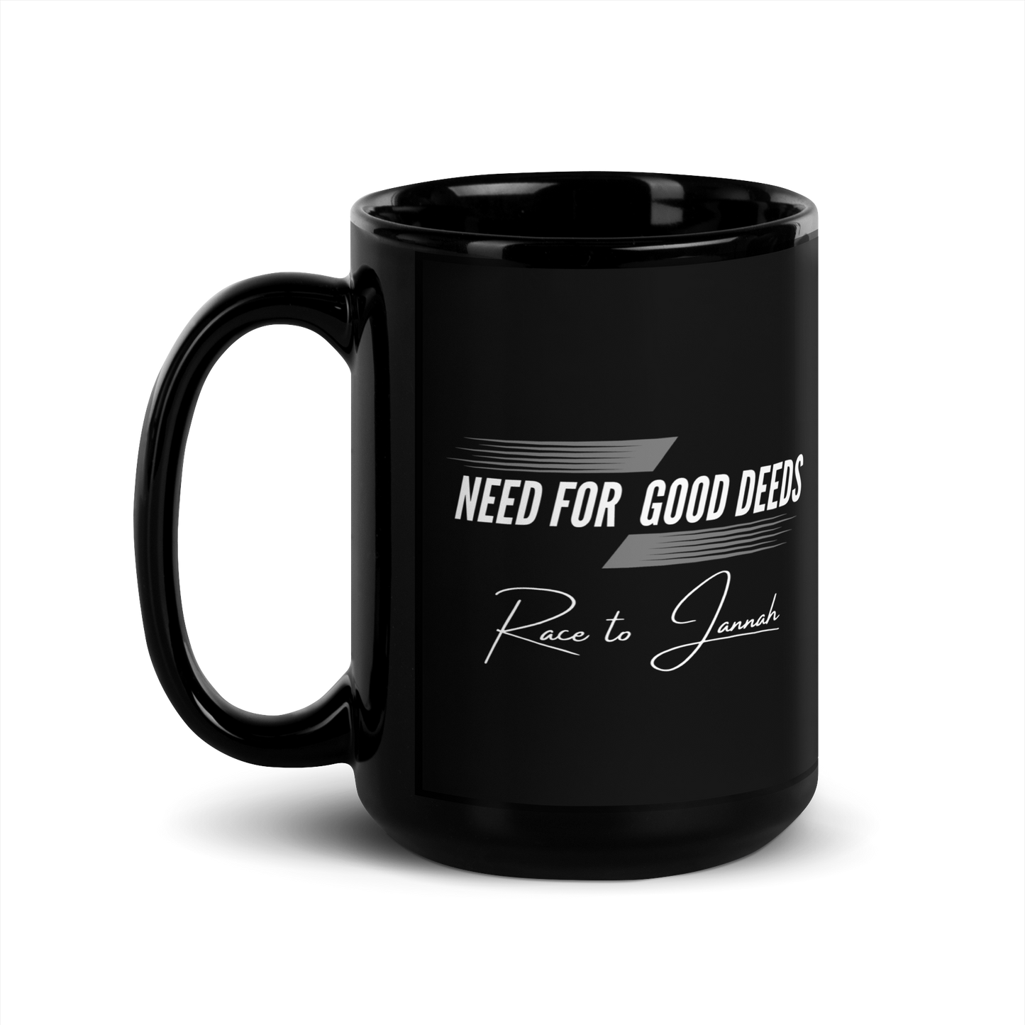 MUG Glossy Black - NEED FOR GOOD DEEDS - White/Gray