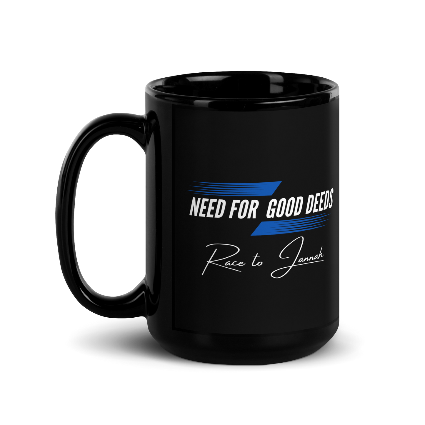 MUG Glossy Black - NEED FOR GOOD DEEDS - White/Blue