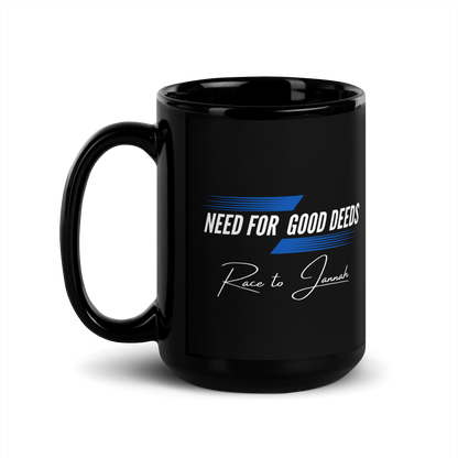 MUG Glossy Black - NEED FOR GOOD DEEDS - White/Blue