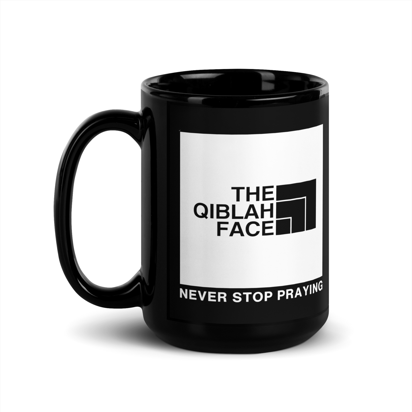 MUG Glossy Black - THE QIBLAH FACE (Never Stop Praying - Back Logo)