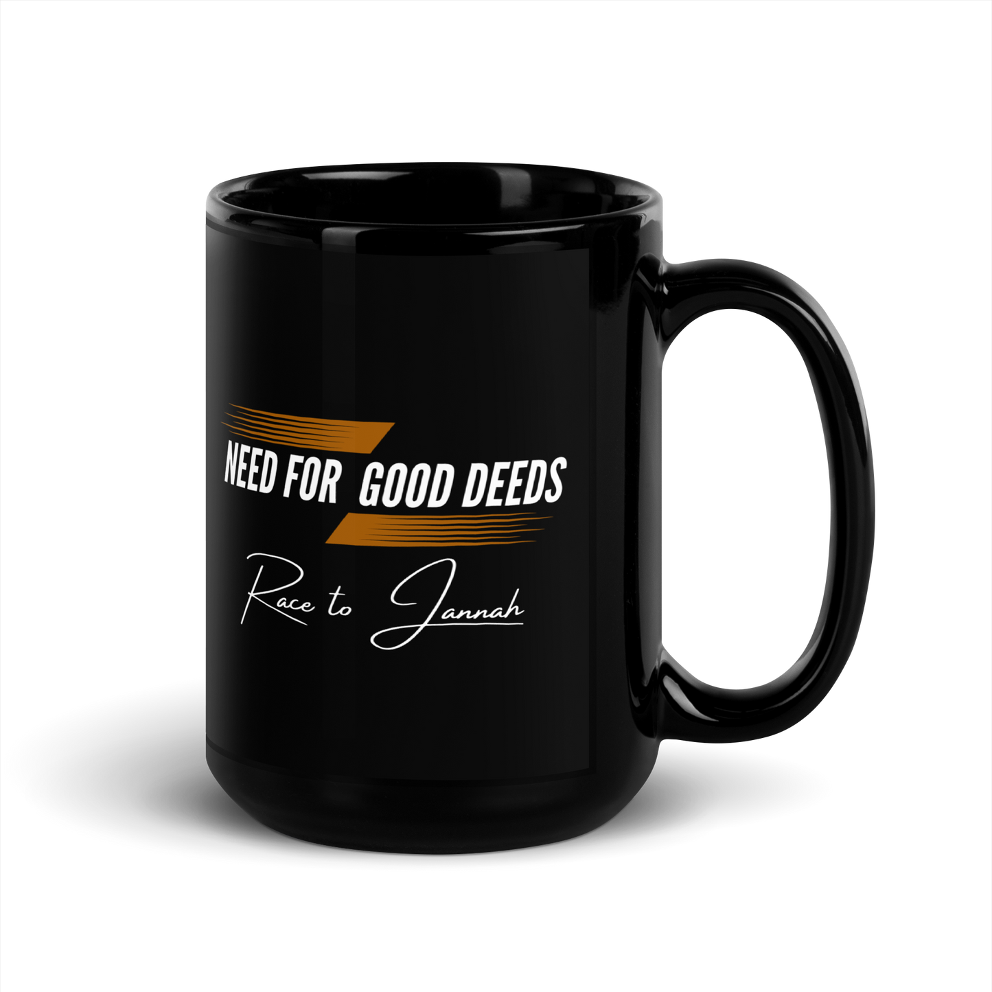 MUG Glossy Black - NEED FOR GOOD DEEDS - White/Orange