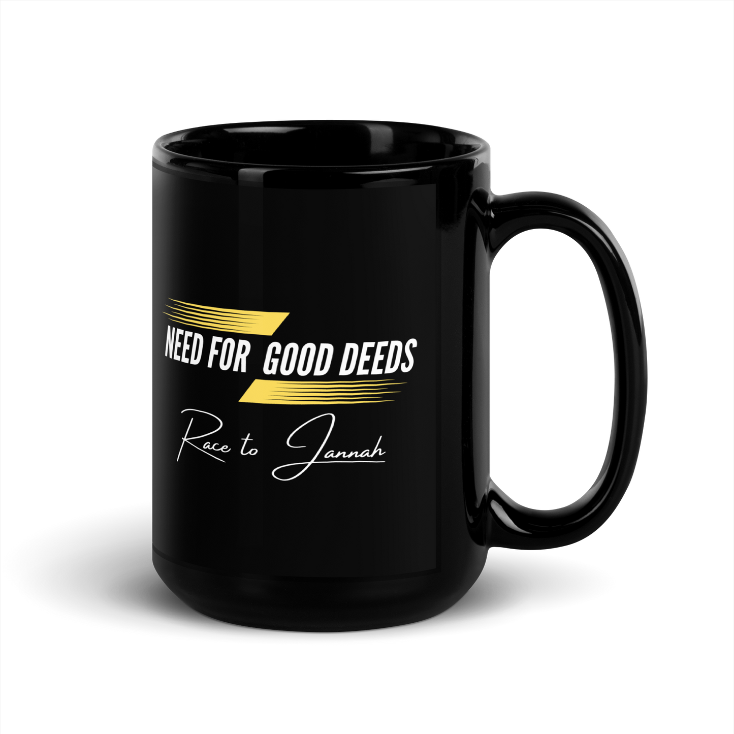 MUG Glossy Black - NEED FOR GOOD DEEDS - White/Yellow