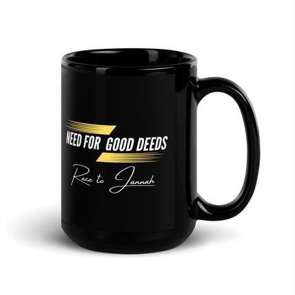 MUG Glossy Black - NEED FOR GOOD DEEDS - White/Yellow