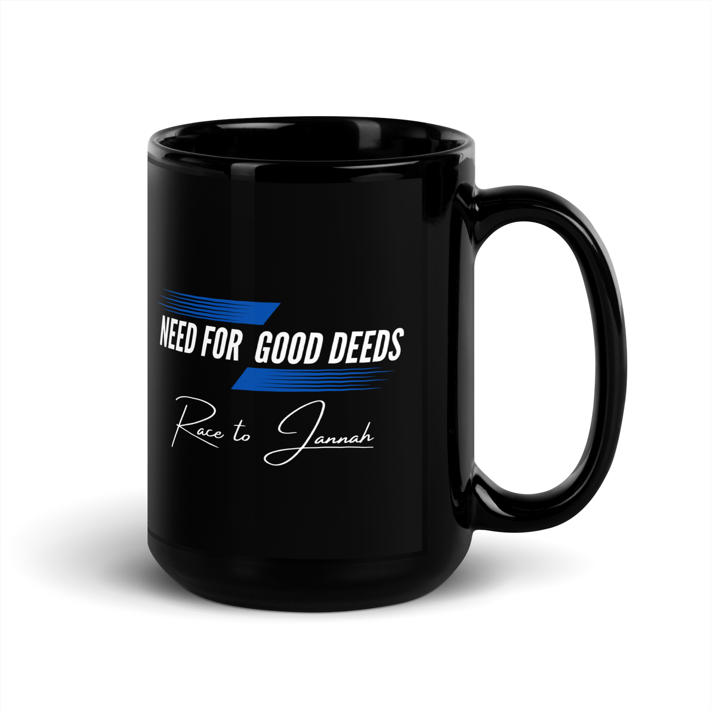 MUG Glossy Black - NEED FOR GOOD DEEDS - White/Blue