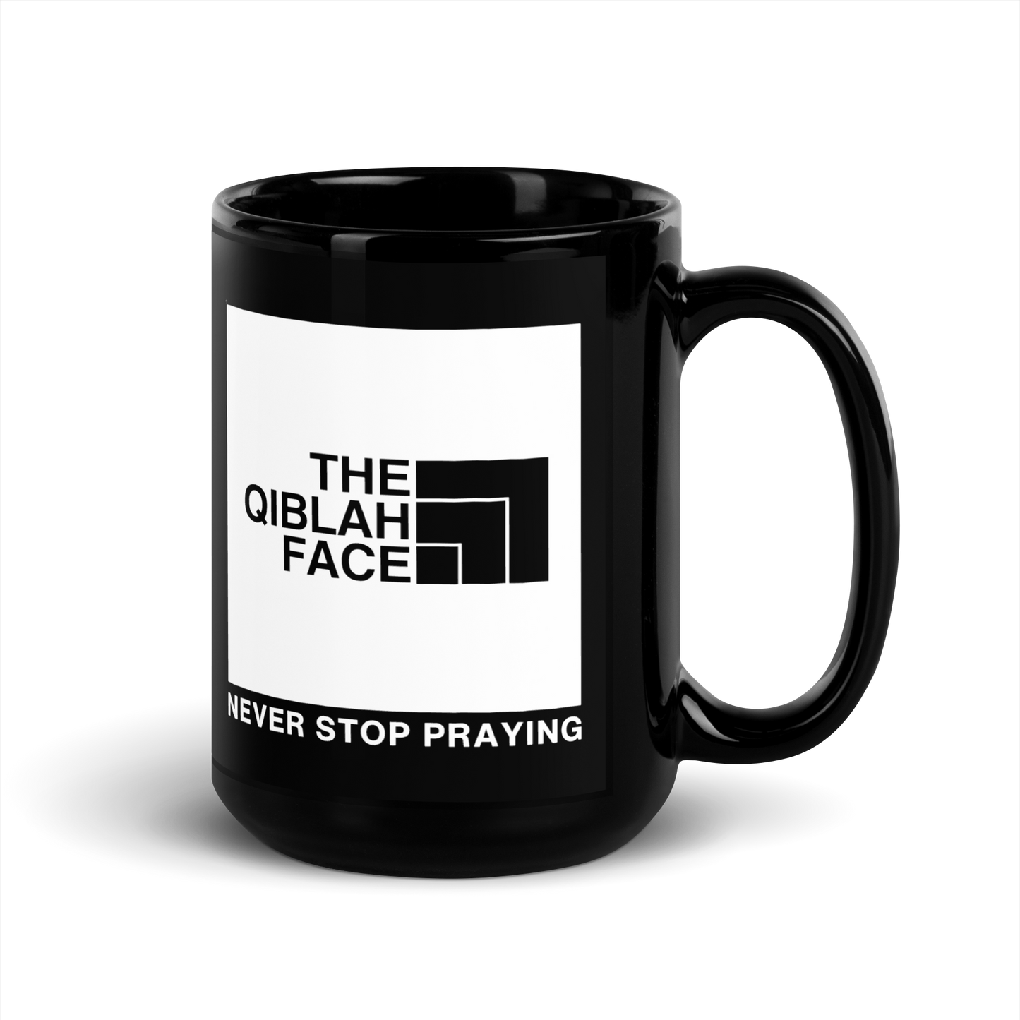 MUG Glossy Black - THE QIBLAH FACE (Never Stop Praying - Back Logo)