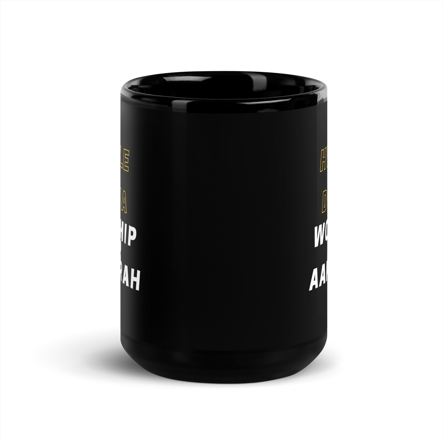 MUG Glossy Black - HUSTLE & WORSHIP - Gold/White