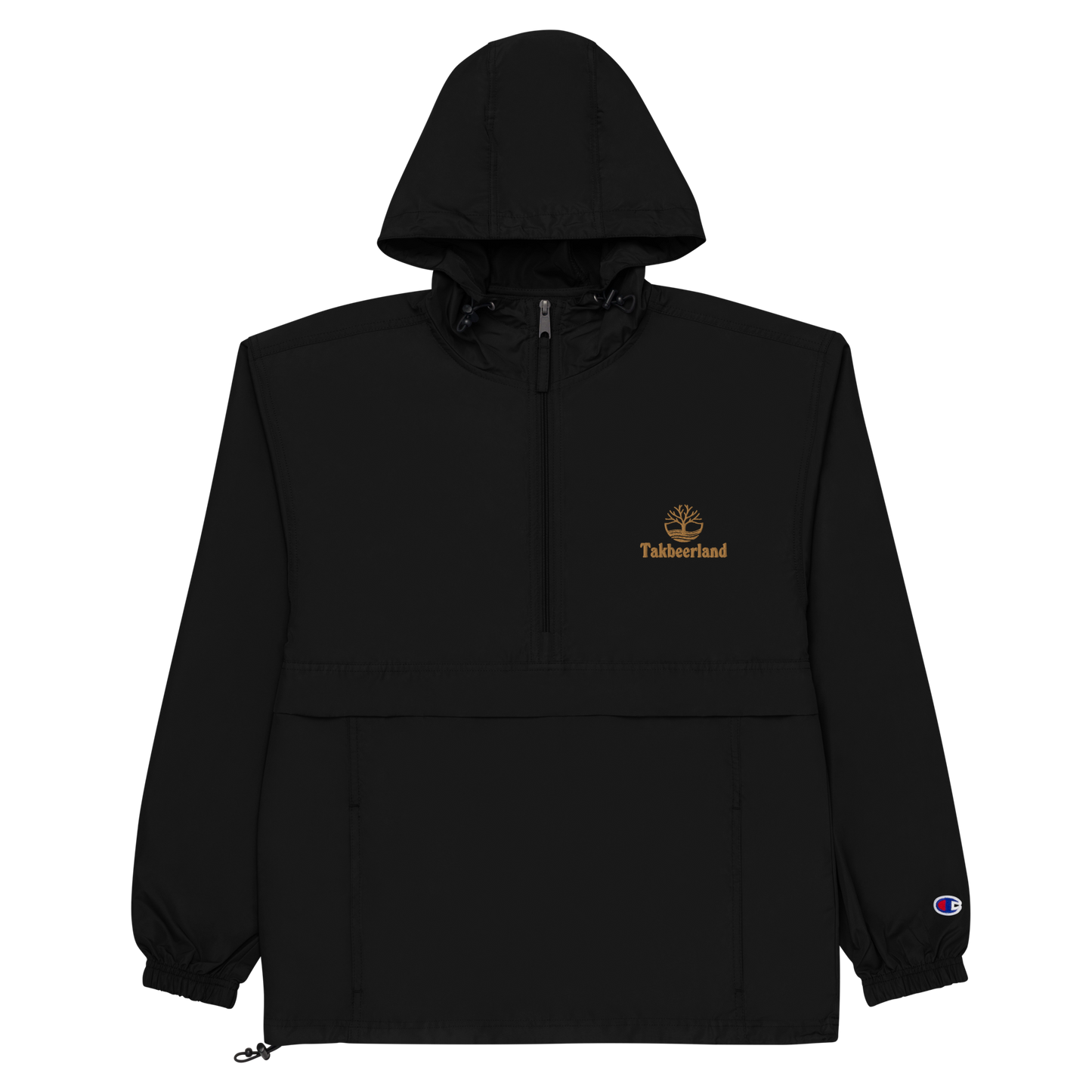 JACKET HOODIE Champion Packable (Adult) - TAKBEERLAND FULL LOGO (Left Chest) w/ LOGO (Right Arm/Back) - Gold Stitch