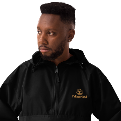 JACKET HOODIE Champion Packable (Adult) - TAKBEERLAND FULL LOGO (Left Chest) w/ LOGO (Right Arm/Back) - Gold Stitch