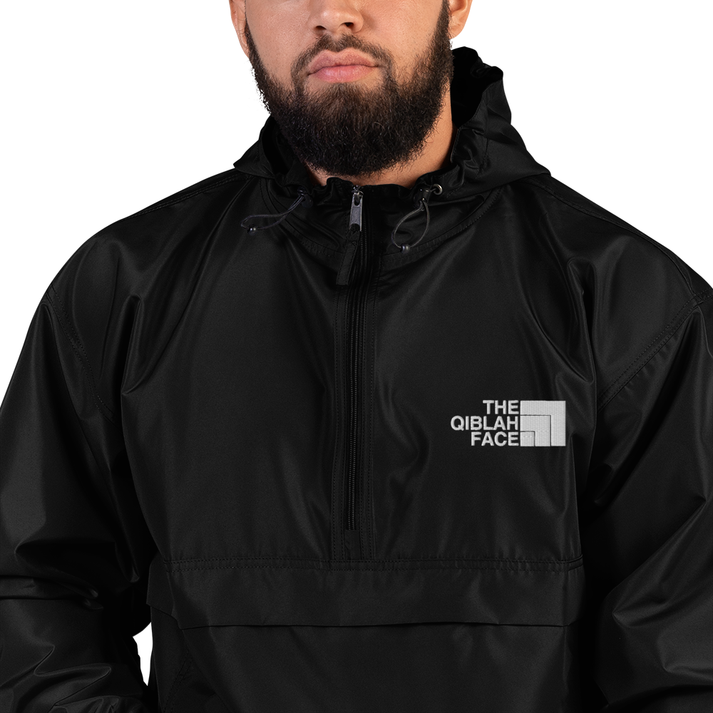 JACKET HOODIE Champion Packable (Adult) - THE QIBLAH FACE (Left Chest) w/ LOGO (Back) - White Stitch