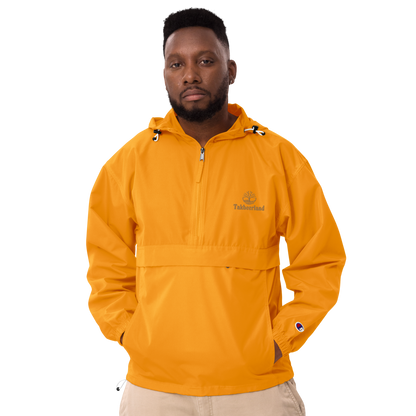 JACKET HOODIE Champion Packable (Adult) - TAKBEERLAND FULL LOGO (Left Chest) w/ LOGO (Right Arm/Back) - Gold Stitch