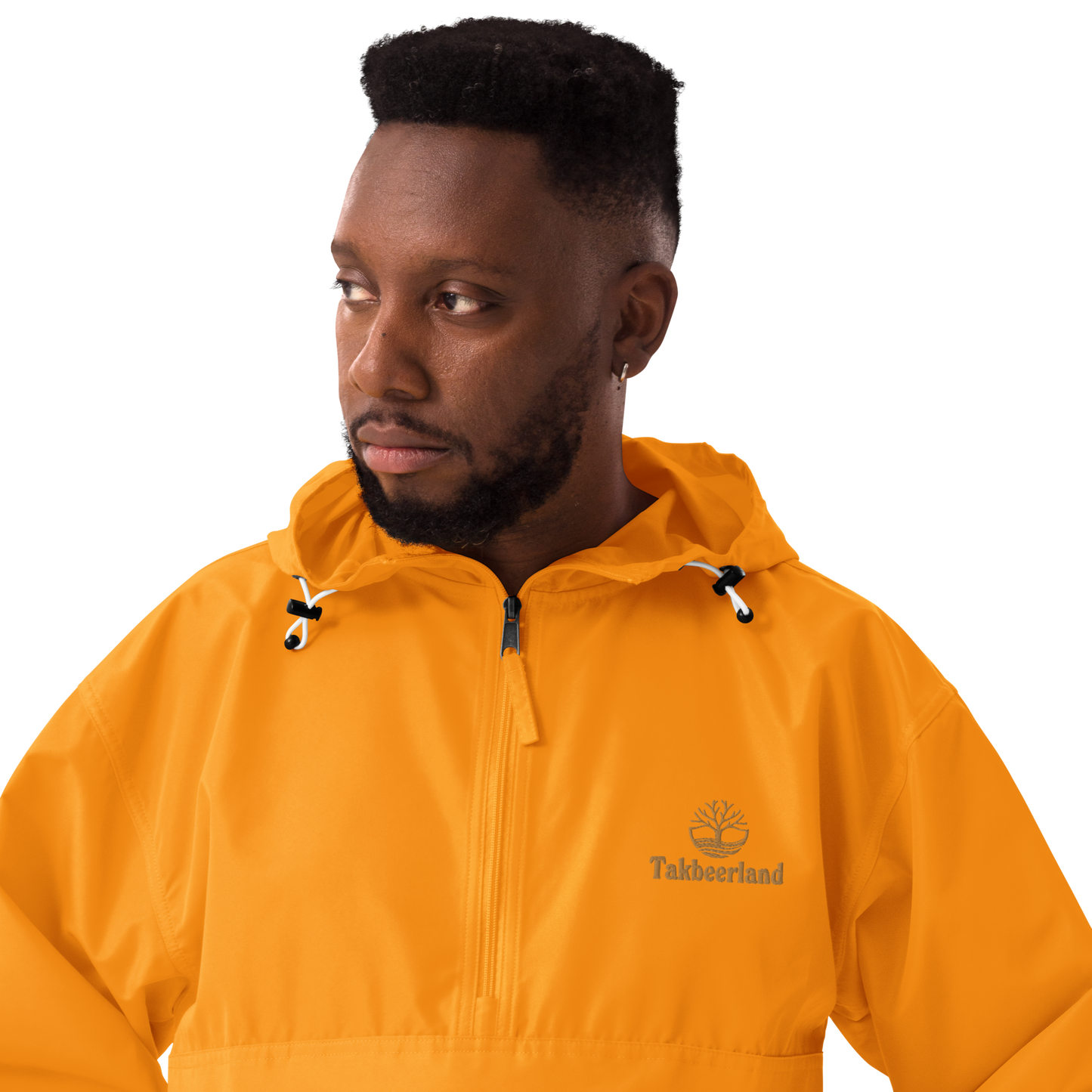 JACKET HOODIE Champion Packable (Adult) - TAKBEERLAND FULL LOGO (Left Chest) w/ LOGO (Right Arm/Back) - Gold Stitch