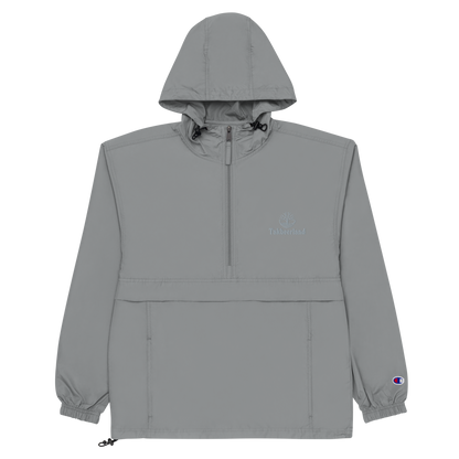 JACKET HOODIE Champion Packable (Adult) - TAKBEERLAND FULL LOGO (Left Chest) w/ LOGO (Right Arm/Back) - Silver Stitch