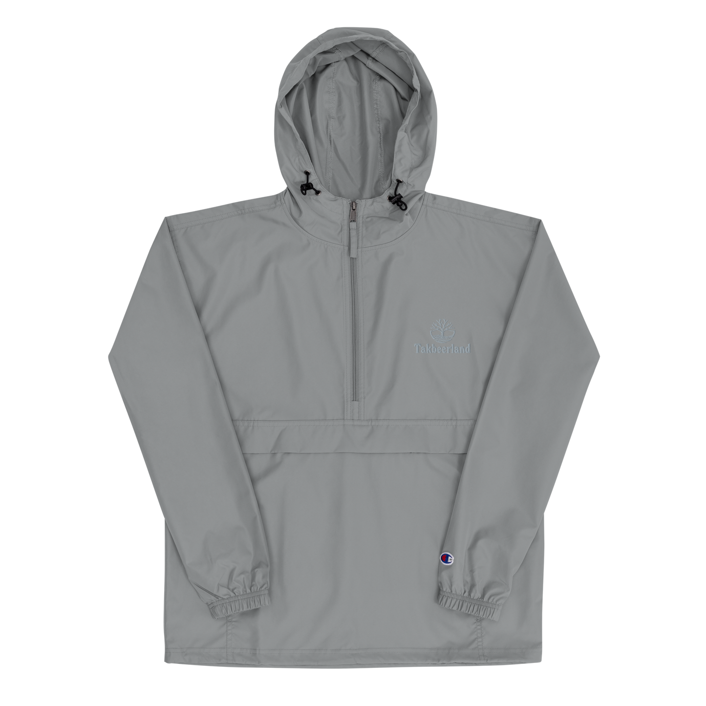 JACKET HOODIE Champion Packable (Adult) - TAKBEERLAND FULL LOGO (Left Chest) w/ LOGO (Right Arm/Back) - Silver Stitch