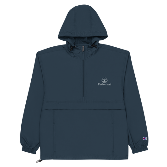 JACKET HOODIE Champion Packable (Adult) - TAKBEERLAND FULL LOGO (Left Chest) w/ LOGO (Right Arm/Back) - Silver Stitch