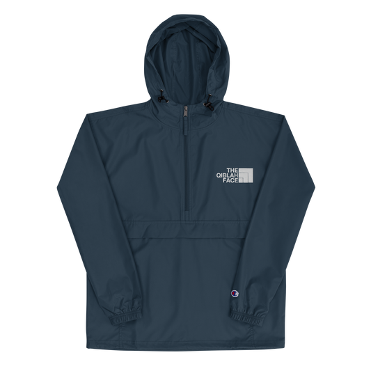 JACKET HOODIE Champion Packable (Adult) - THE QIBLAH FACE (Left Chest) w/ LOGO (Back) - White Stitch