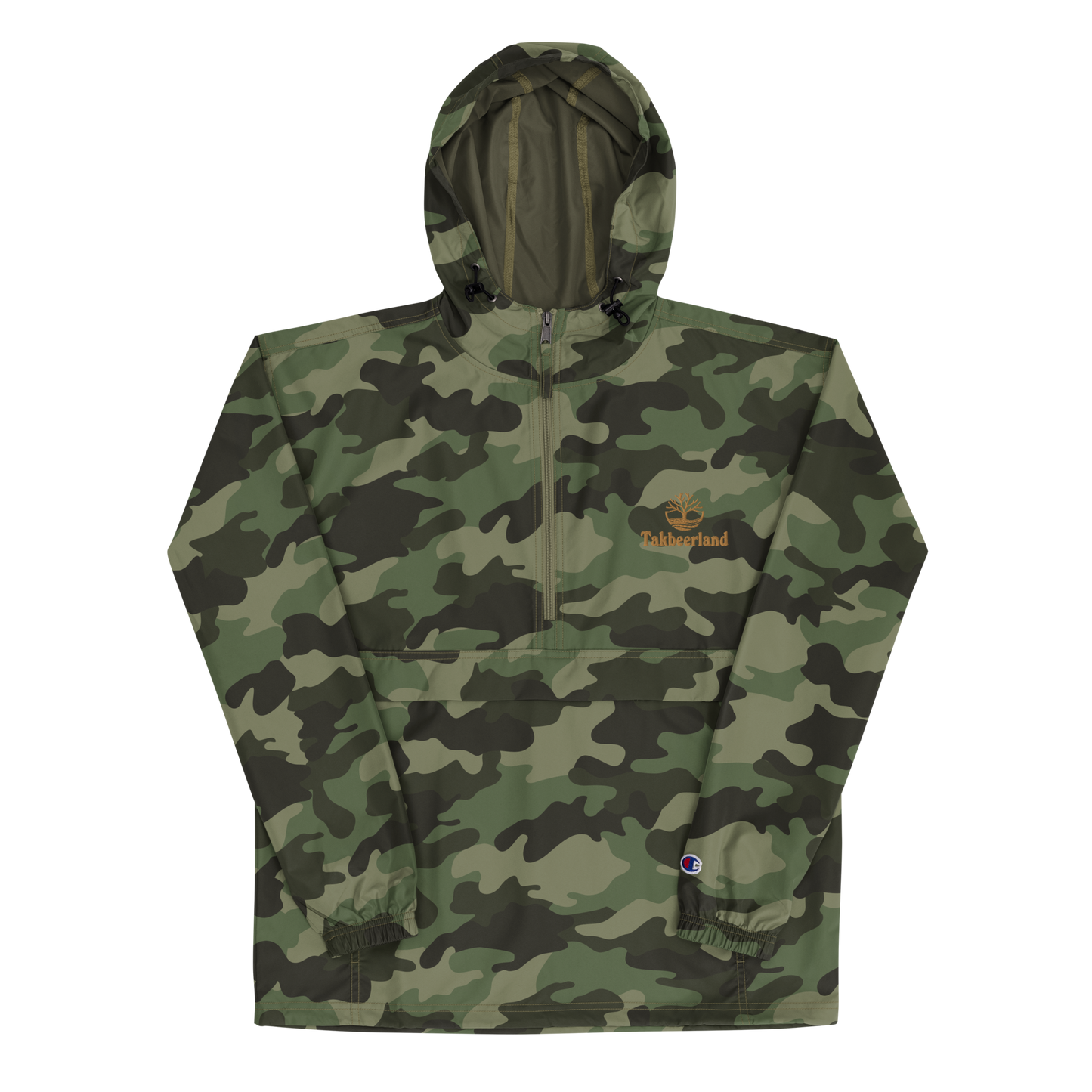 JACKET HOODIE Champion Packable (Adult) - TAKBEERLAND FULL LOGO (Left Chest) w/ LOGO (Right Arm/Back) - Gold Stitch