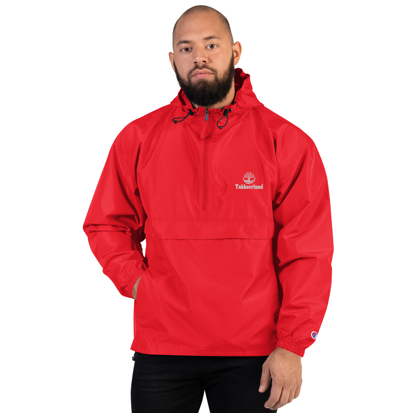 JACKET HOODIE Champion Packable (Adult) - TAKBEERLAND FULL LOGO (Left Chest) w/ LOGO (Right Arm/Back) - White Stitch