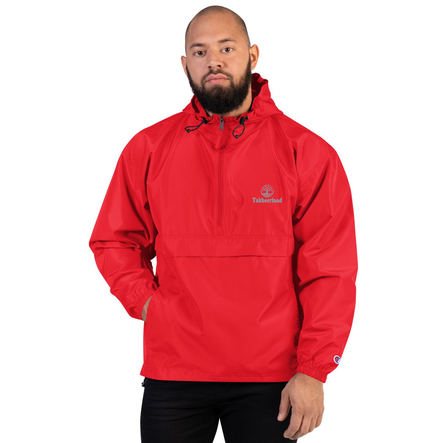 JACKET HOODIE Champion Packable (Adult) - TAKBEERLAND FULL LOGO (Left Chest) w/ LOGO (Right Arm/Back) - Silver Stitch