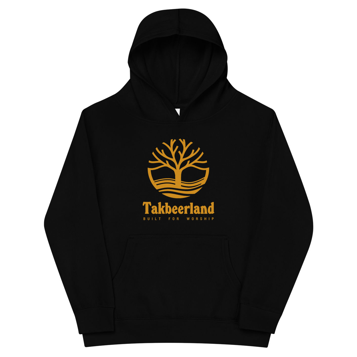 CHILDREN's Hoodie Fleece (Youth) - TAKBEERLAND FULL LOGO (Centered/Large) - Gold