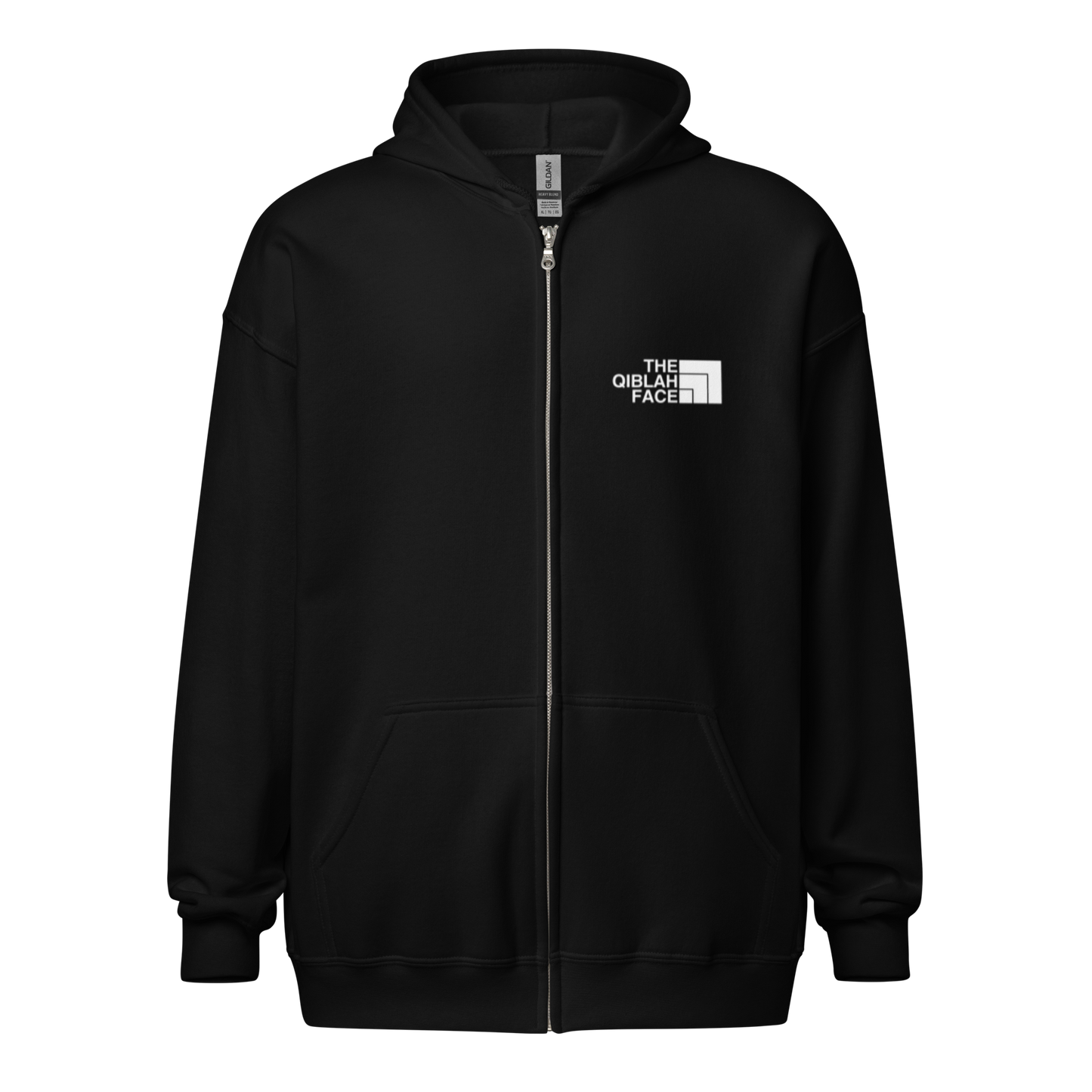 HOODIE Zip Heavy Blend (Adult) - THE QIBLAH FACE (Never Stop Praying - Back Logo) - White