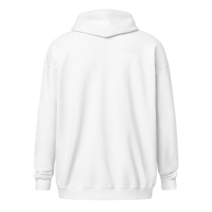 HOODIE Zip Heavy Blend (Adult) - THE QIBLAH FACE (Left Chest) w/ LOGO (Back) - White