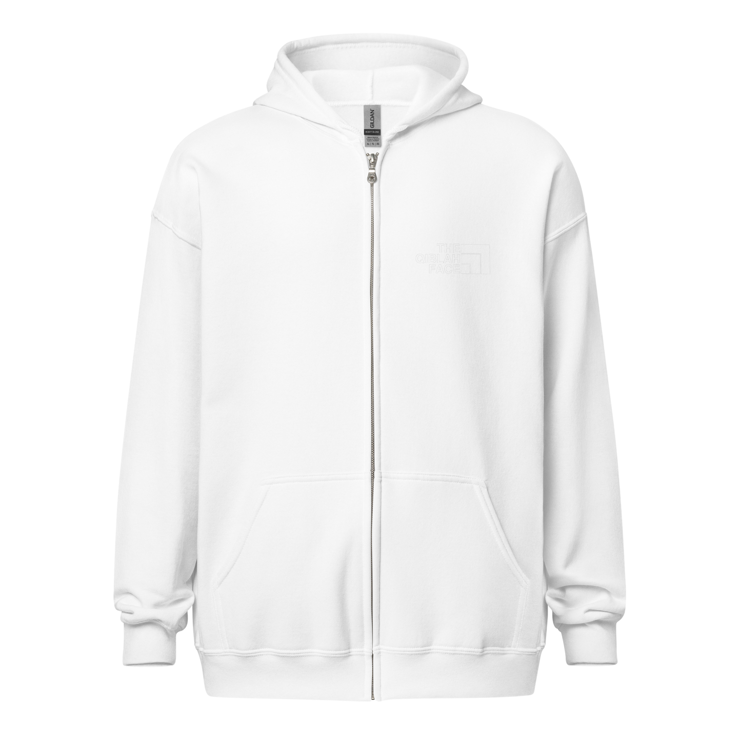 HOODIE Zip Heavy Blend (Adult) - THE QIBLAH FACE (Left Chest) w/ LOGO (Back) - White