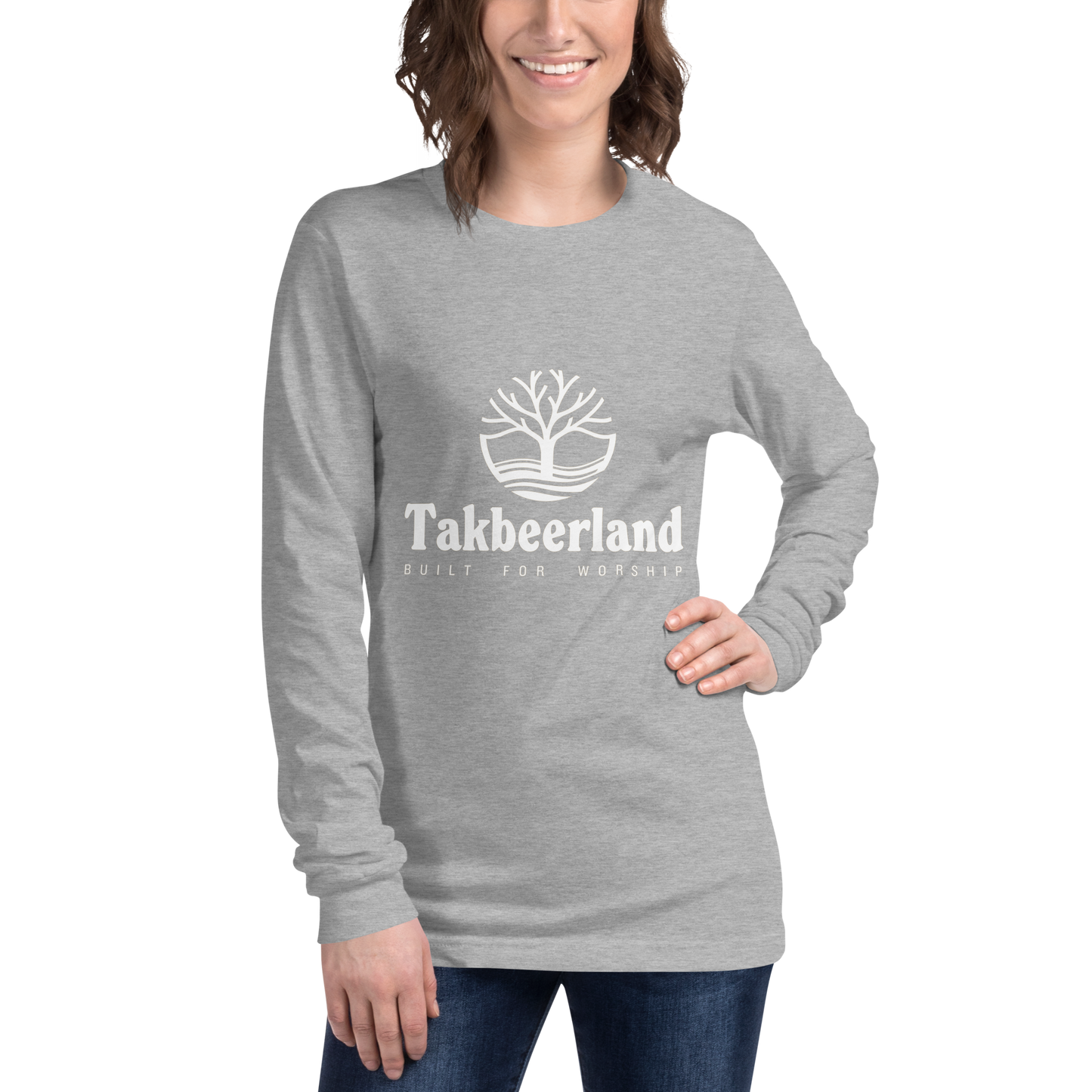 ADULT Long Sleeve Shirt - TAKBEERLAND FULL LOGO (Centered/Medium) - White