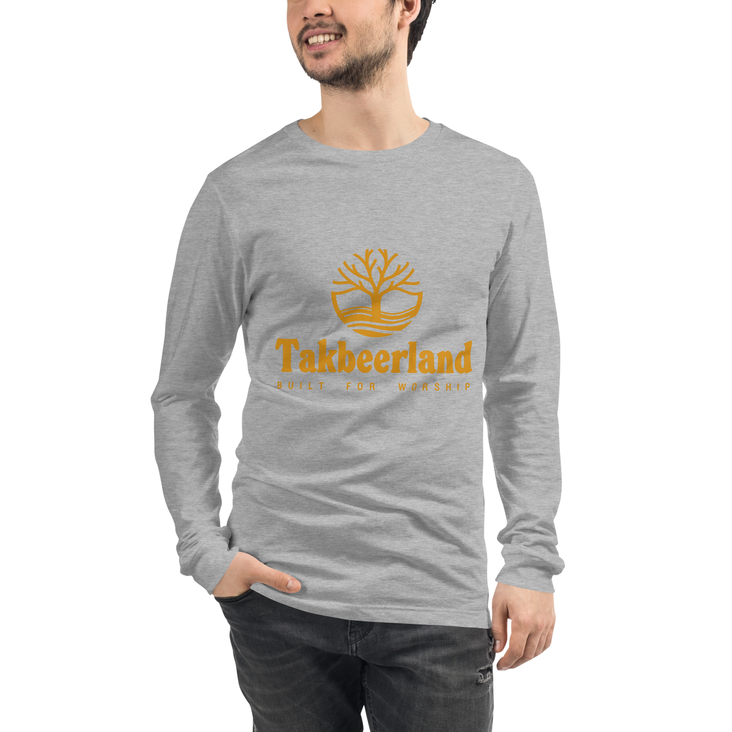 ADULT Long Sleeve Shirt - TAKBEERLAND FULL LOGO (Centered/Medium) - Gold