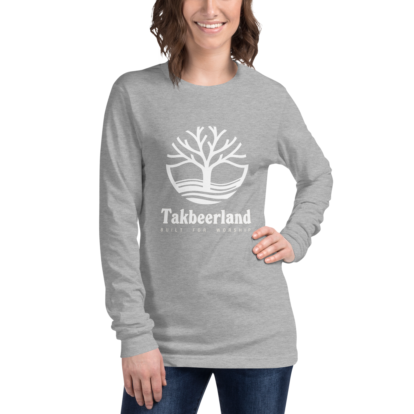 ADULT Long Sleeve Shirt - TAKBEERLAND FULL LOGO (Centered/Large) - White