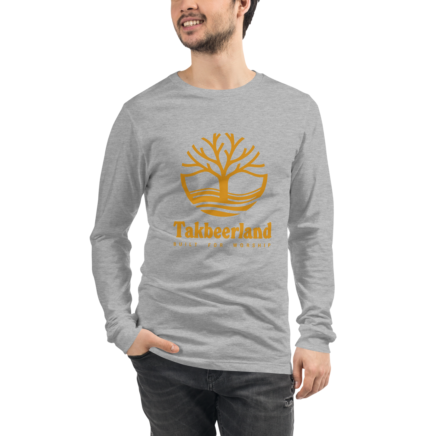 ADULT Long Sleeve Shirt - TAKBEERLAND FULL LOGO (Centered/Large) - Gold