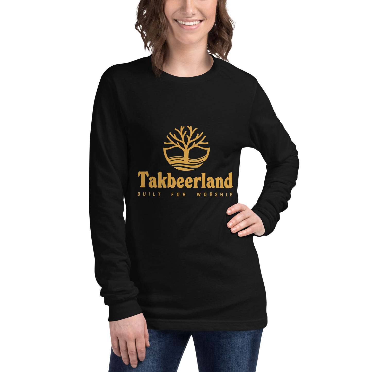 ADULT Long Sleeve Shirt - TAKBEERLAND FULL LOGO (Centered/Medium) - Gold