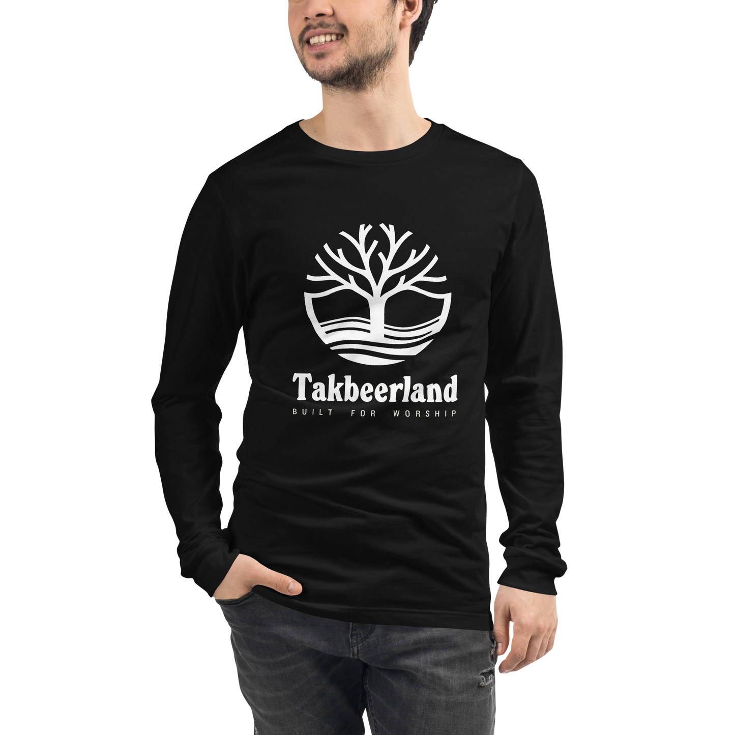 ADULT Long Sleeve Shirt - TAKBEERLAND FULL LOGO (Centered/Large) - White