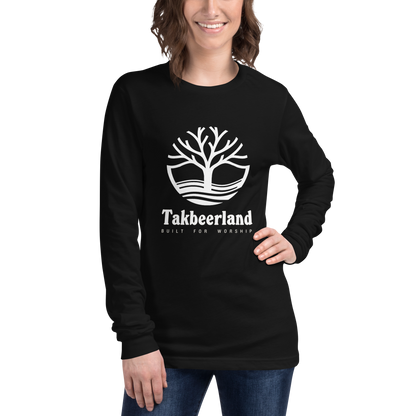 ADULT Long Sleeve Shirt - TAKBEERLAND FULL LOGO (Centered/Large) - White