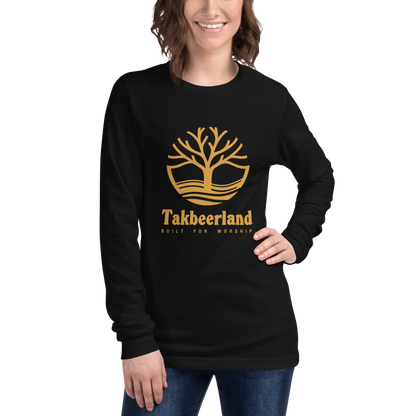 ADULT Long Sleeve Shirt - TAKBEERLAND FULL LOGO (Centered/Large) - Gold