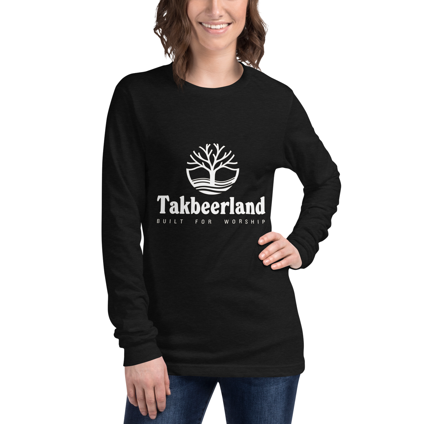 ADULT Long Sleeve Shirt - TAKBEERLAND FULL LOGO (Centered/Medium) - White