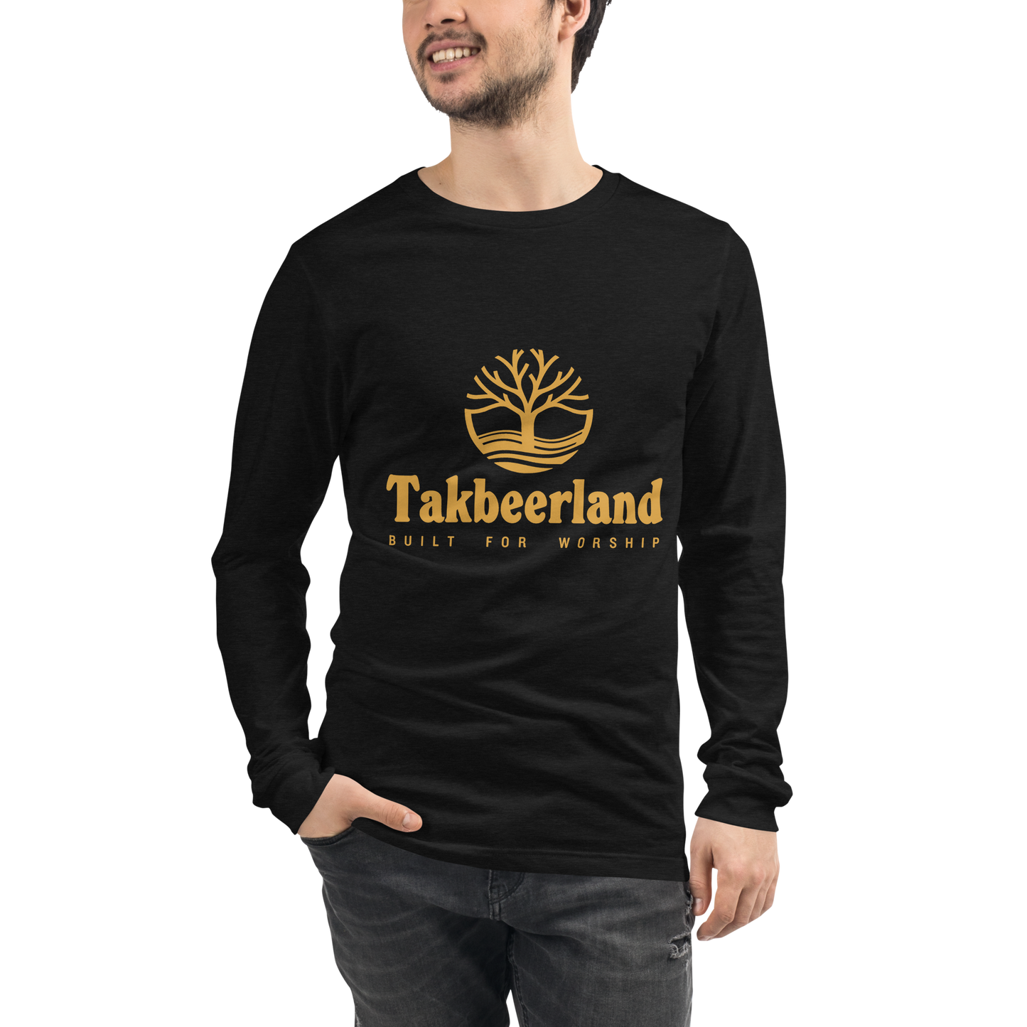 ADULT Long Sleeve Shirt - TAKBEERLAND FULL LOGO (Centered/Medium) - Gold