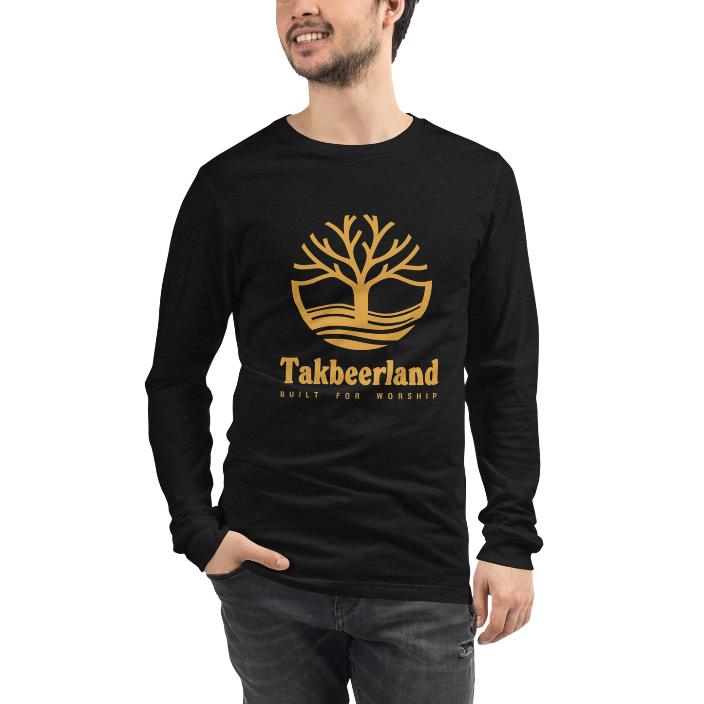 ADULT Long Sleeve Shirt - TAKBEERLAND FULL LOGO (Centered/Large) - Gold