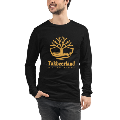 ADULT Long Sleeve Shirt - TAKBEERLAND FULL LOGO (Centered/Large) - Gold