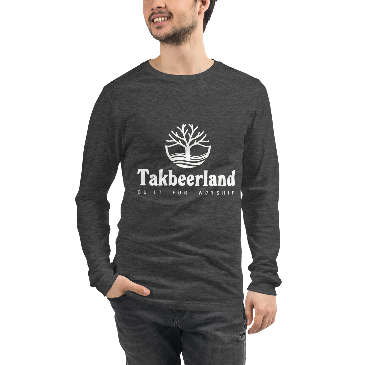 ADULT Long Sleeve Shirt - TAKBEERLAND FULL LOGO (Centered/Medium) - White