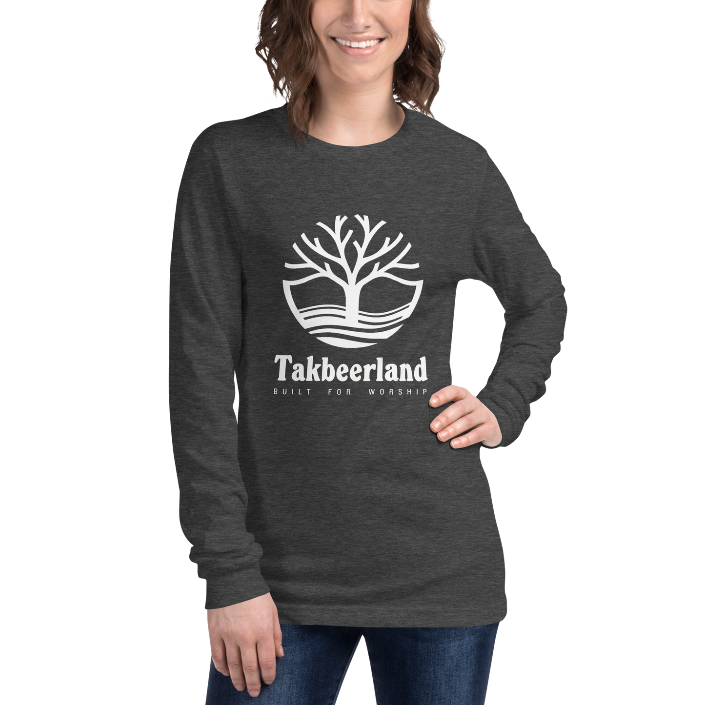 ADULT Long Sleeve Shirt - TAKBEERLAND FULL LOGO (Centered/Large) - White