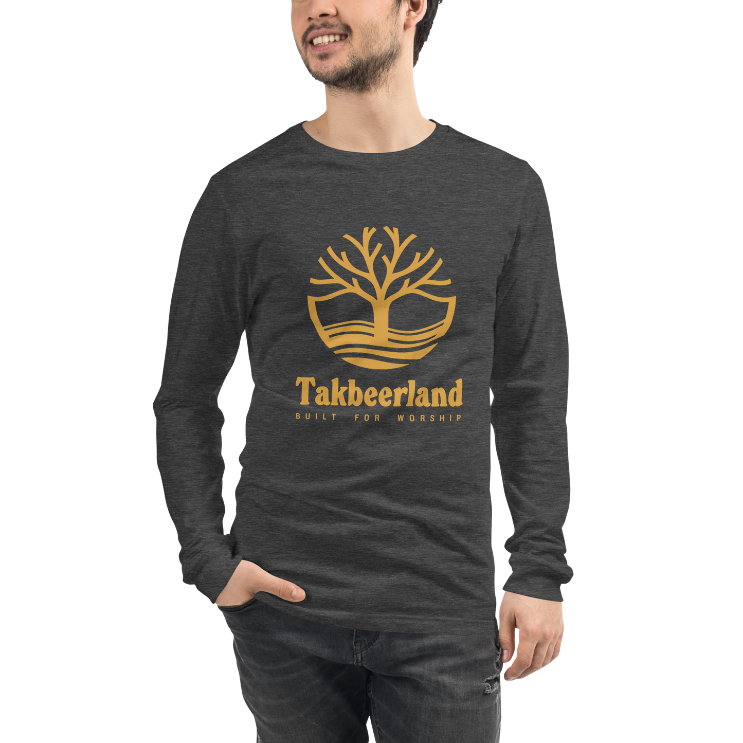 ADULT Long Sleeve Shirt - TAKBEERLAND FULL LOGO (Centered/Large) - Gold