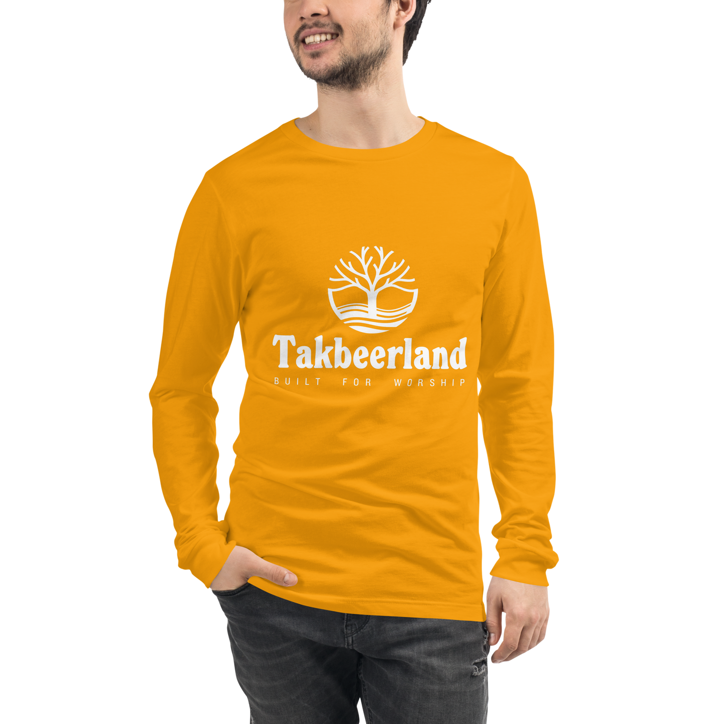 ADULT Long Sleeve Shirt - TAKBEERLAND FULL LOGO (Centered/Medium) - White