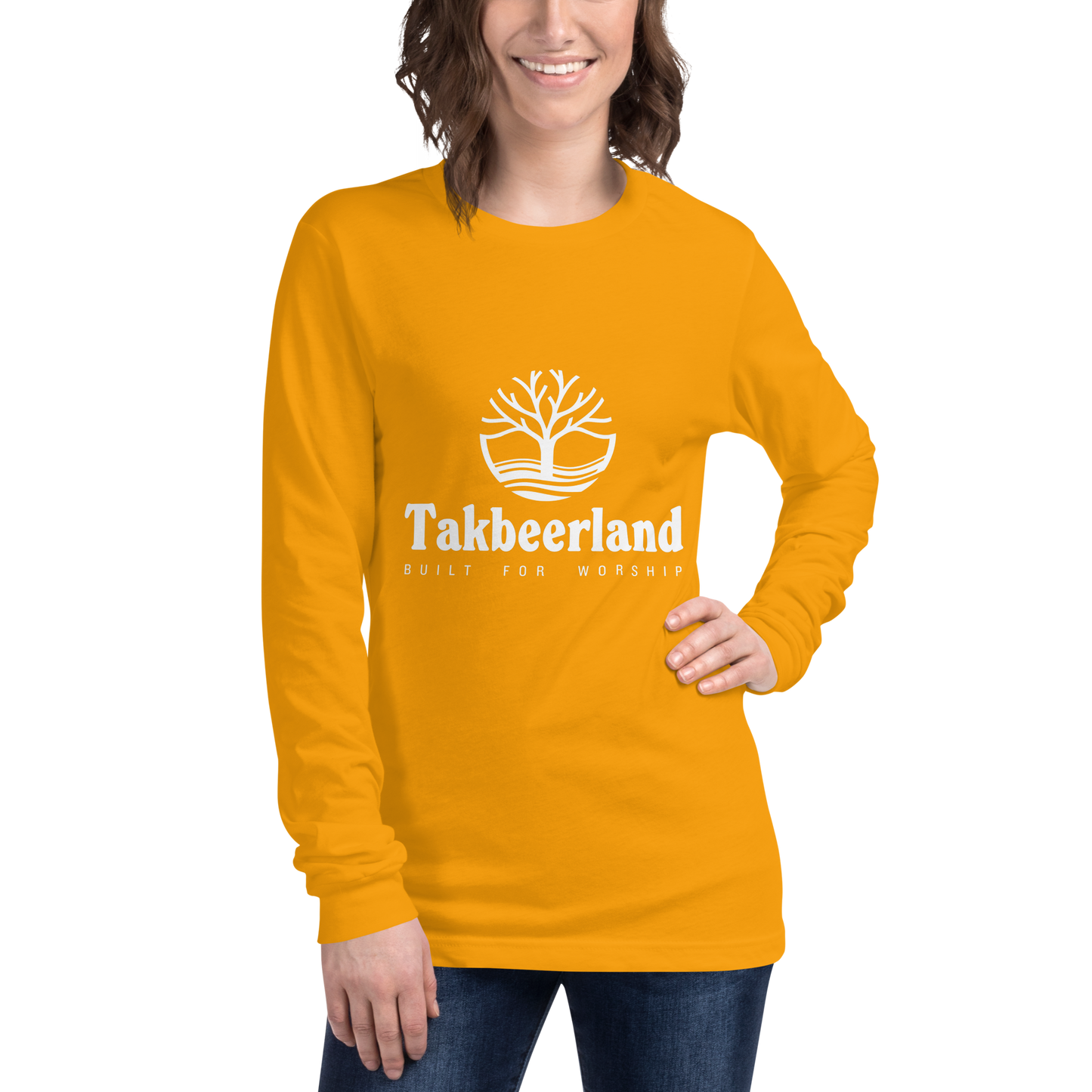 ADULT Long Sleeve Shirt - TAKBEERLAND FULL LOGO (Centered/Medium) - White