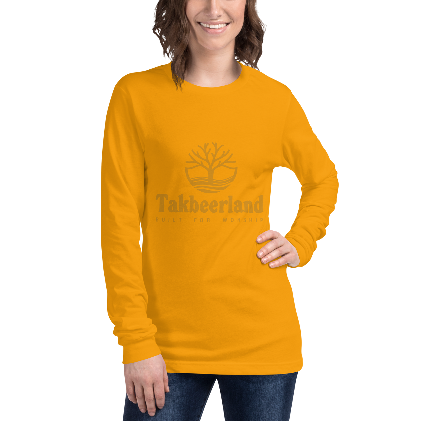 ADULT Long Sleeve Shirt - TAKBEERLAND FULL LOGO (Centered/Medium) - Gold