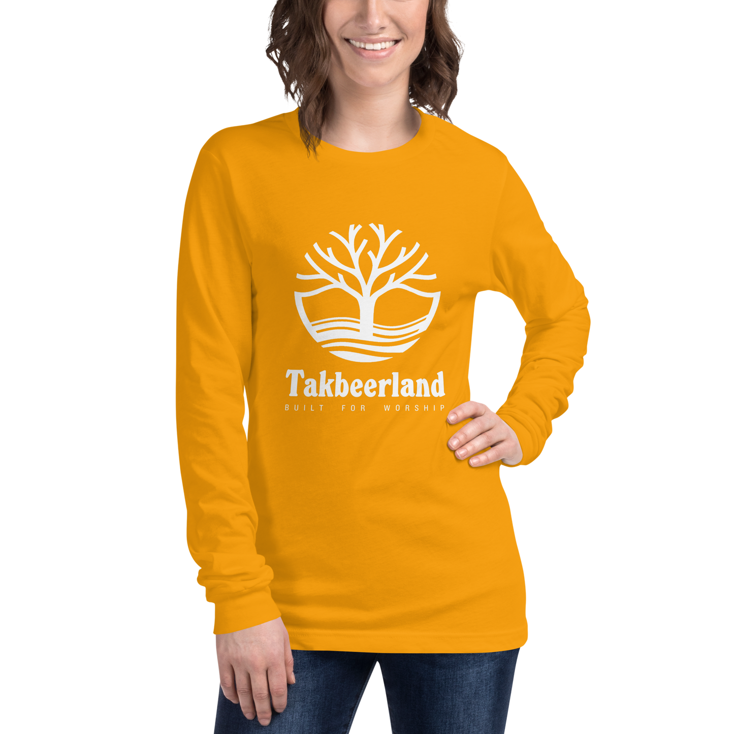 ADULT Long Sleeve Shirt - TAKBEERLAND FULL LOGO (Centered/Large) - White