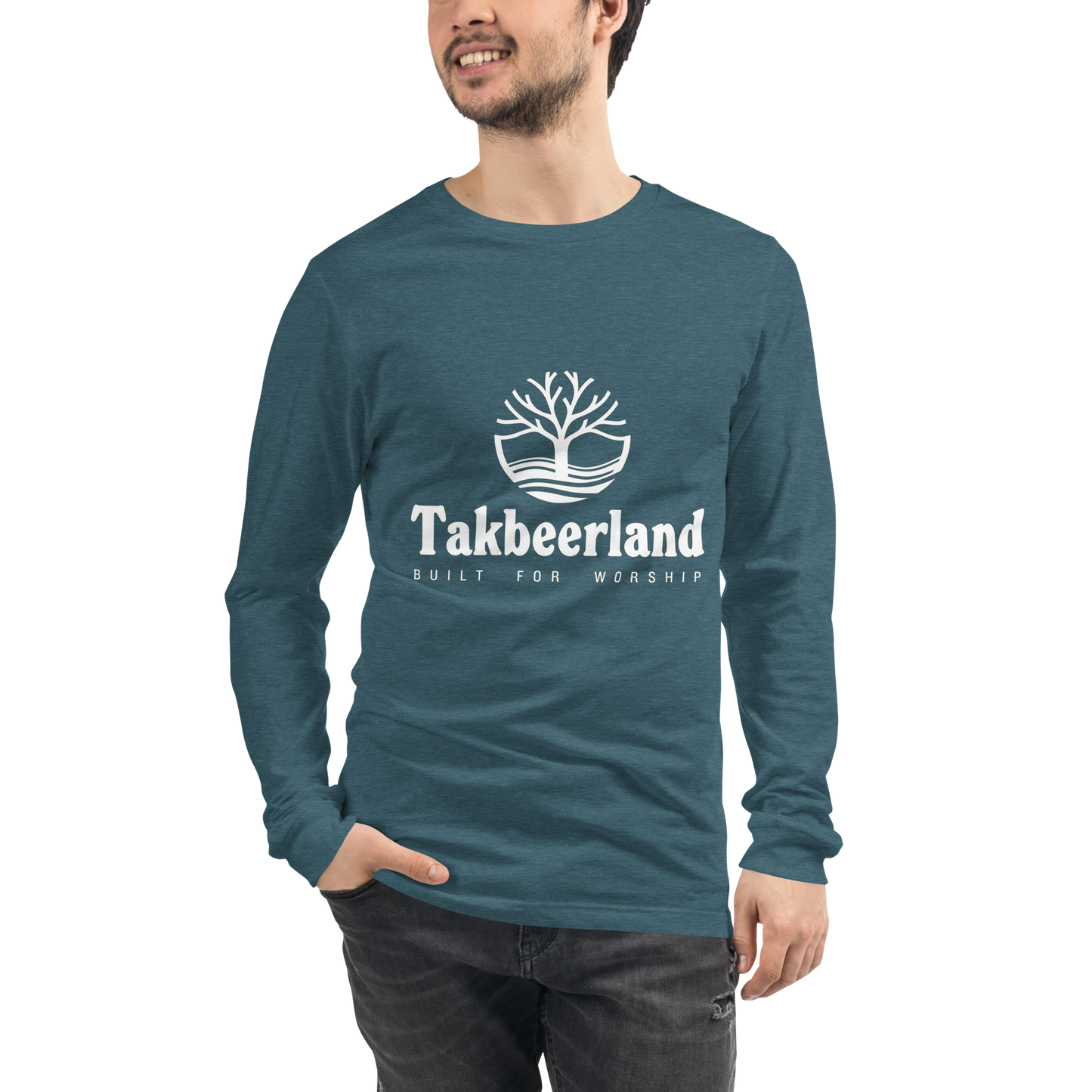 ADULT Long Sleeve Shirt - TAKBEERLAND FULL LOGO (Centered/Medium) - White