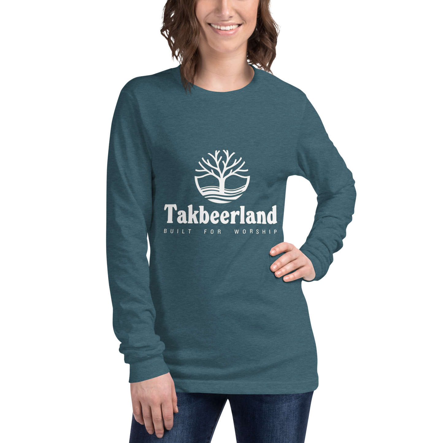 ADULT Long Sleeve Shirt - TAKBEERLAND FULL LOGO (Centered/Medium) - White