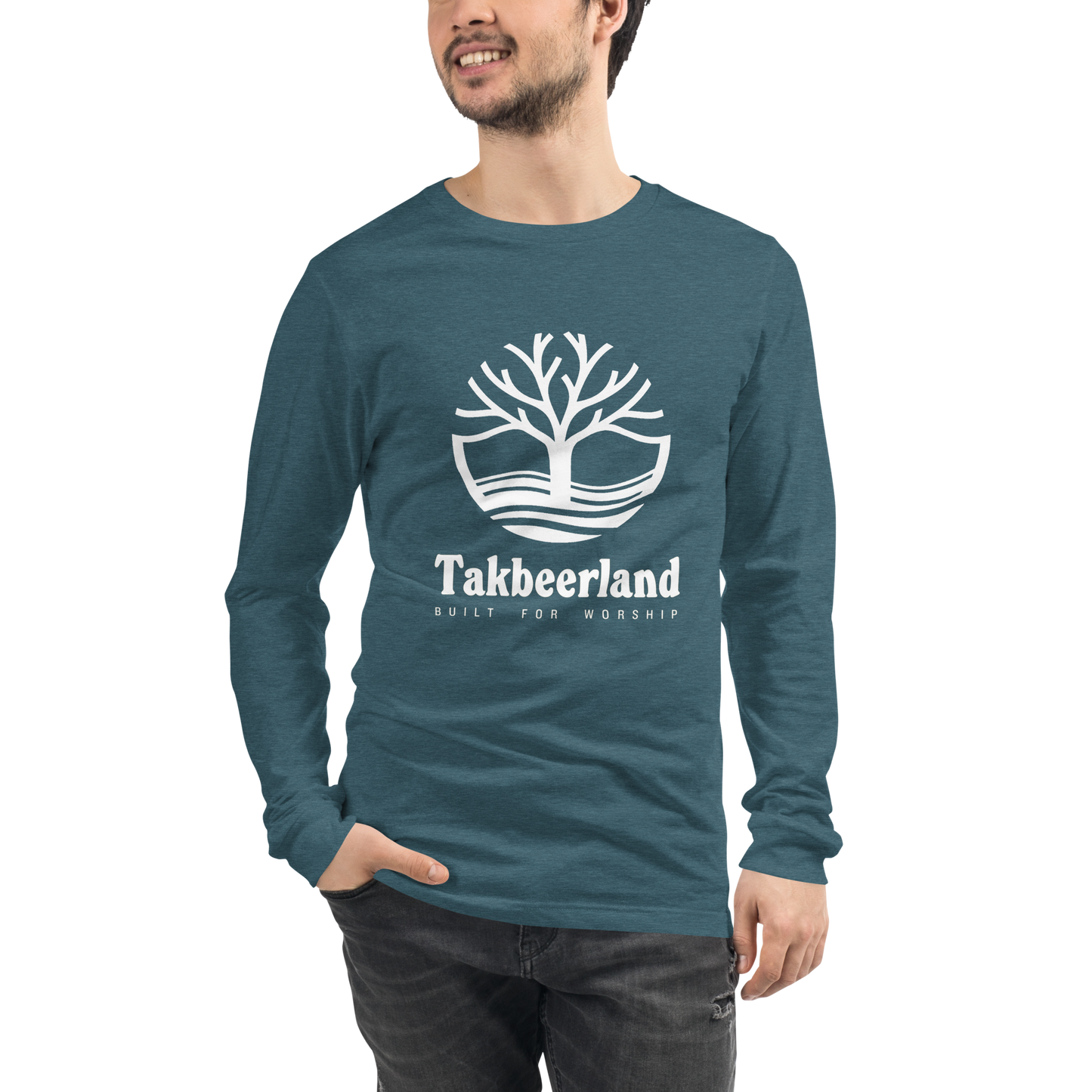 ADULT Long Sleeve Shirt - TAKBEERLAND FULL LOGO (Centered/Large) - White